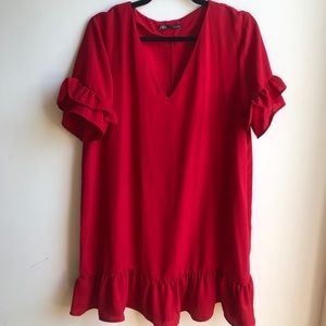 Zara Red Dress with Ruffle Hem and Sleeves, XL